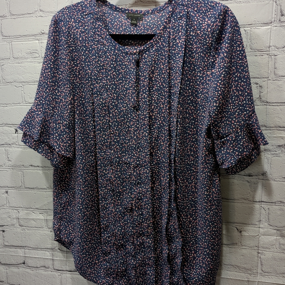 Ann Taylor Navy Blouse with Pink Speckles